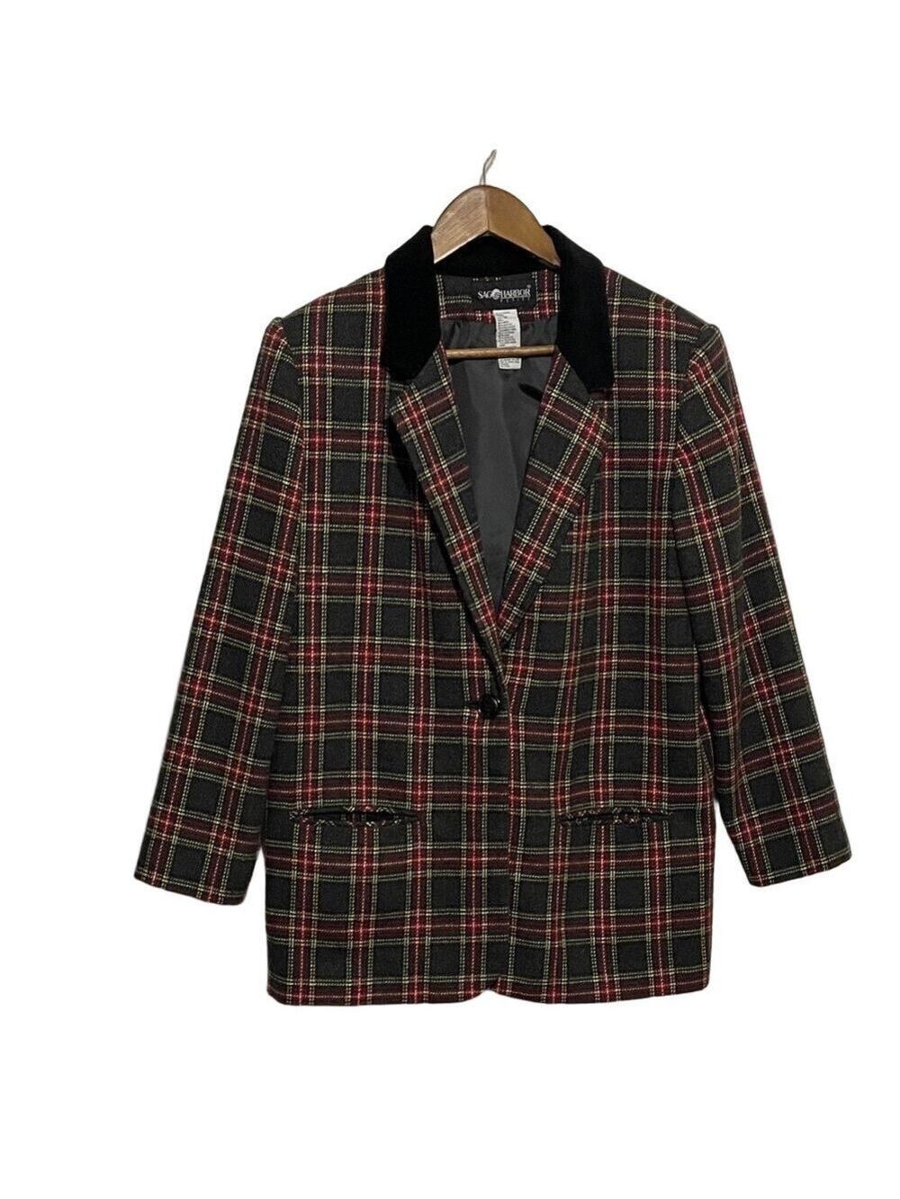Sag Harbor Vintage Black and Red Wool Blend Plaid Blazer  Sz 12